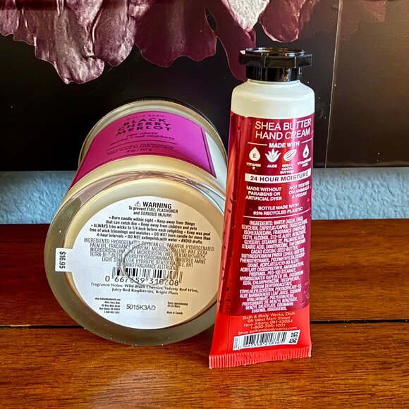 NEW 2-Pc BLACK CHERRY MERLOT Single Wick Candle & Hand Cream BBW - Picture 2 of 4